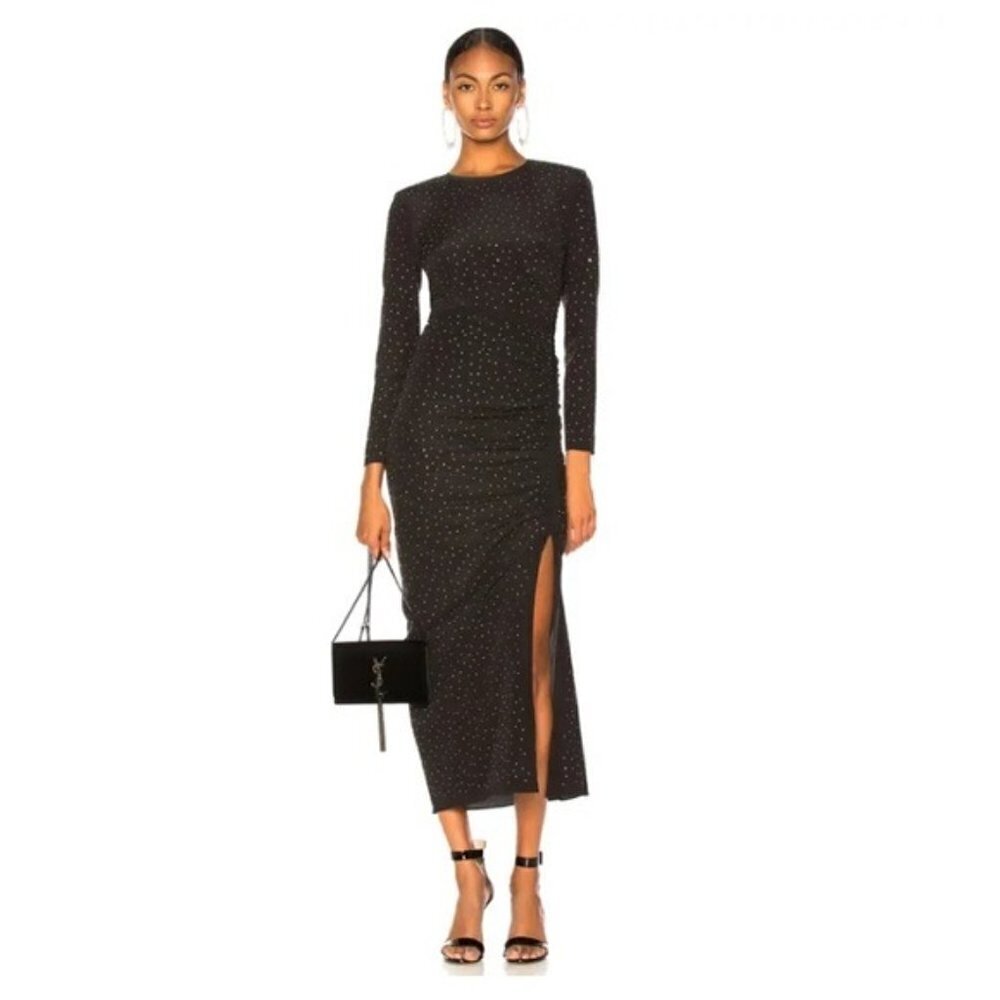 Veronica Beard Amara Ruched Silk Long-Sleeve Embellished Dress Black Siz…
